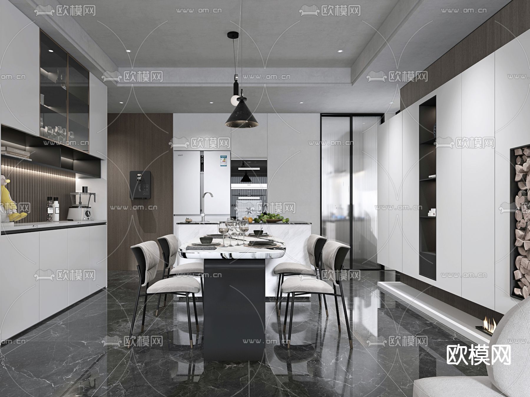 现代高级灰客厅餐厅3d模型