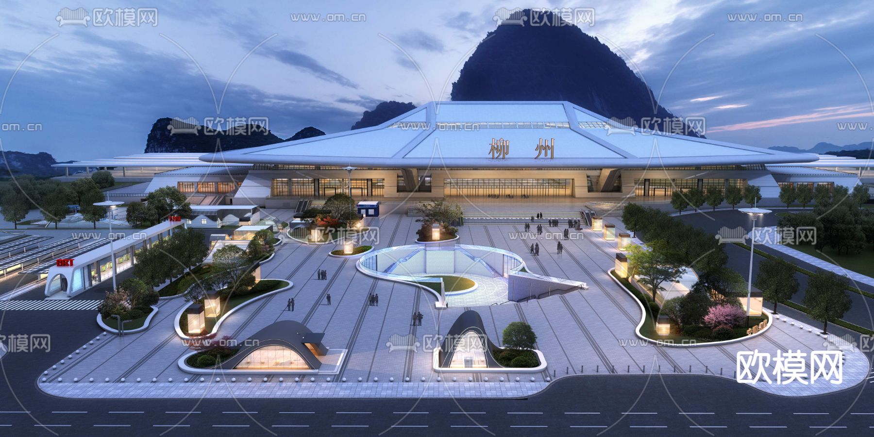 现代柳州车站建筑外观景观psd下载