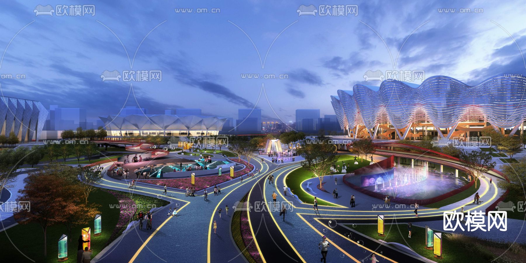 现代广场公园夜景景观psd下载