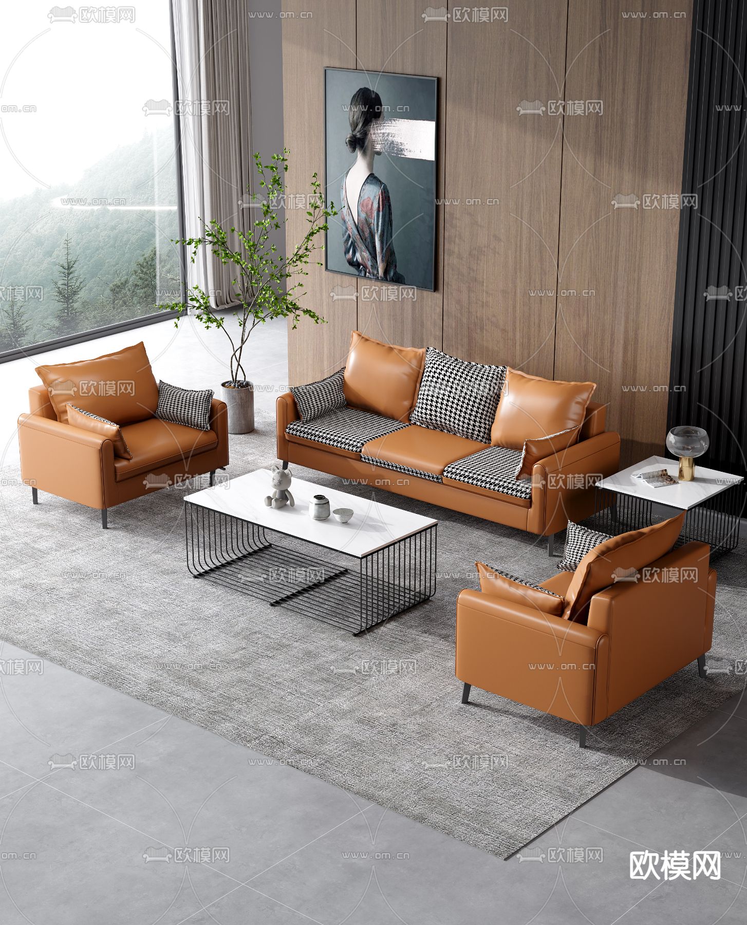 现代橘色皮革多人沙发3d模型下载