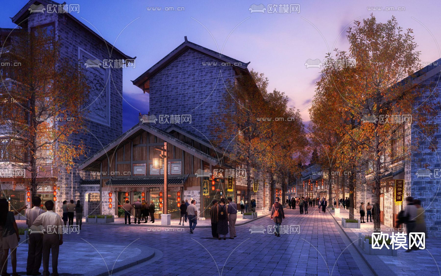 新中式古建园林夜景景观psd下载