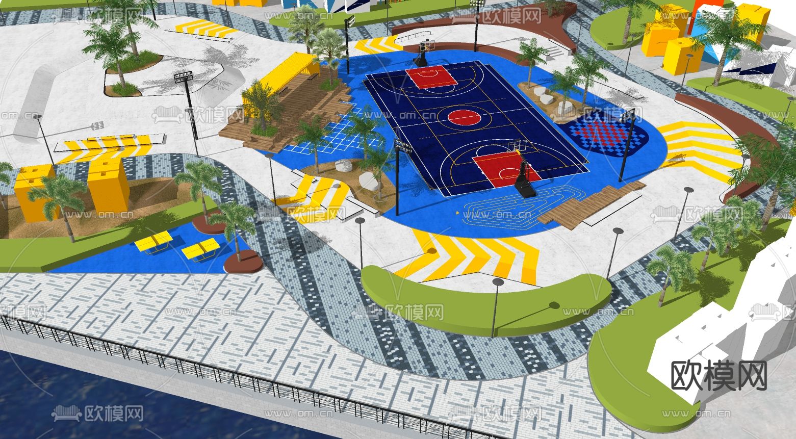 现代篮球场su模型