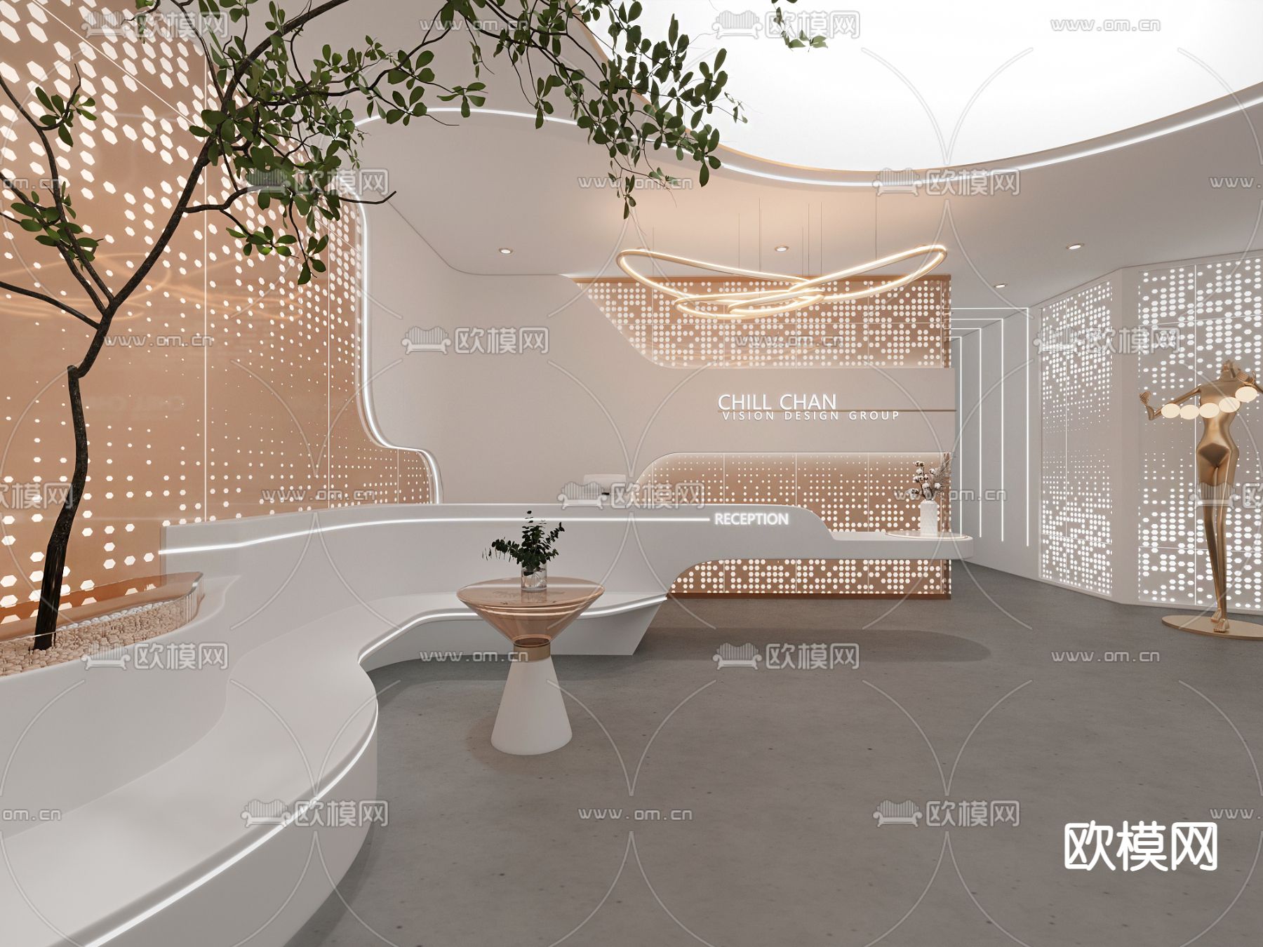 现代轻奢前台接待大厅3d模型下载（渲染图1）