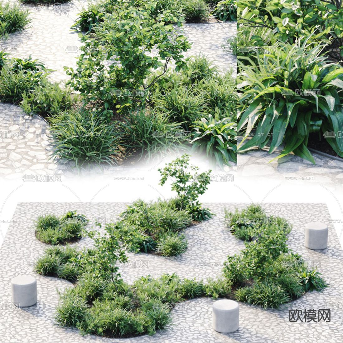现代庭院花园草坪石路小品3d模型下载（渲染图1）