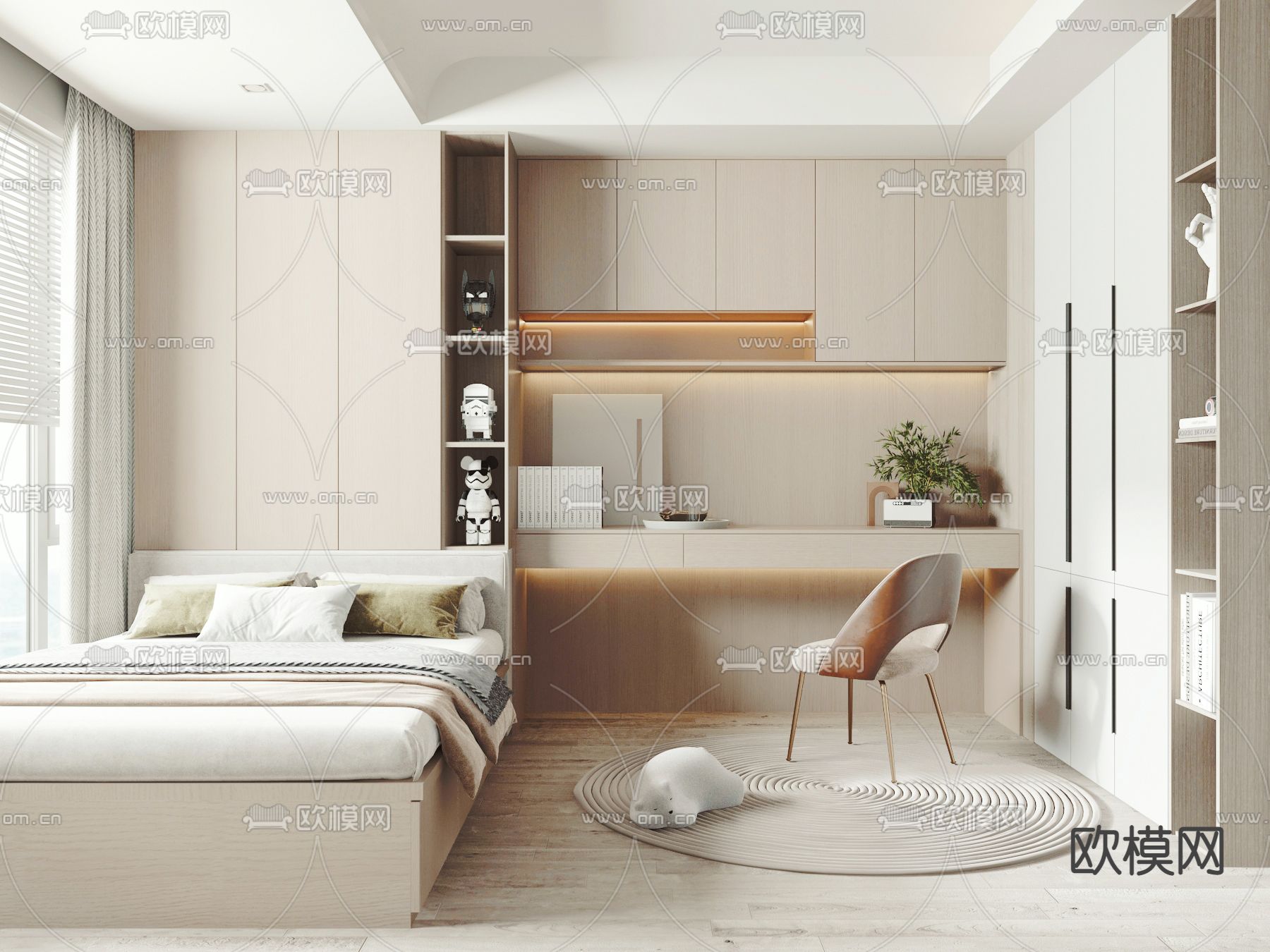 现代奶油风榻榻米卧室3d模型下载