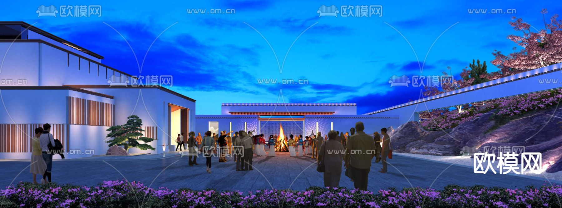 现代篝火晚会夜景景观psd下载