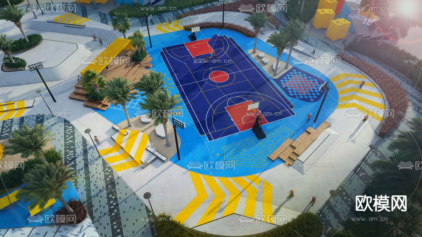 现代篮球场su模型