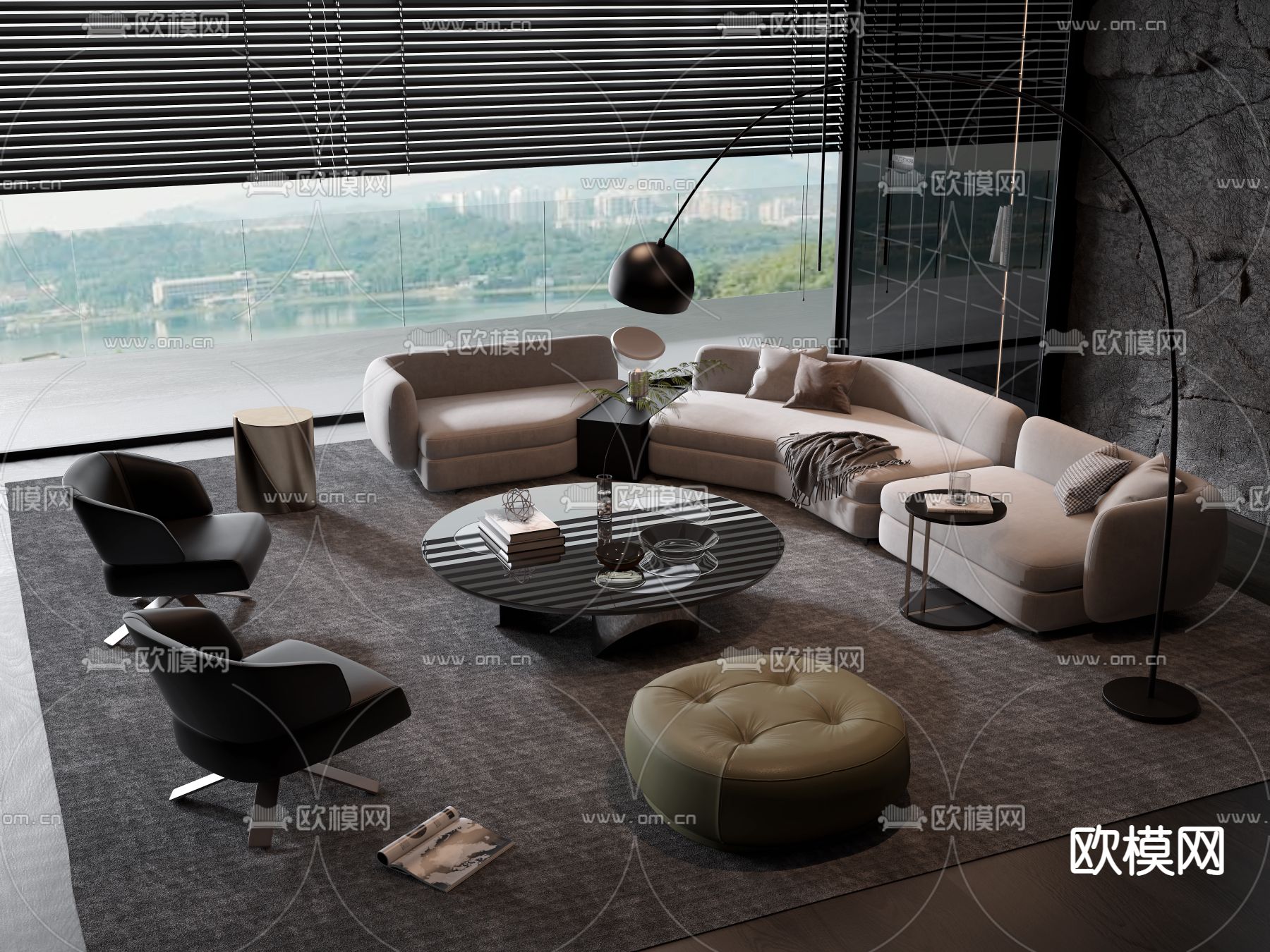 现代转角组合沙发su模型下载（渲染图1）