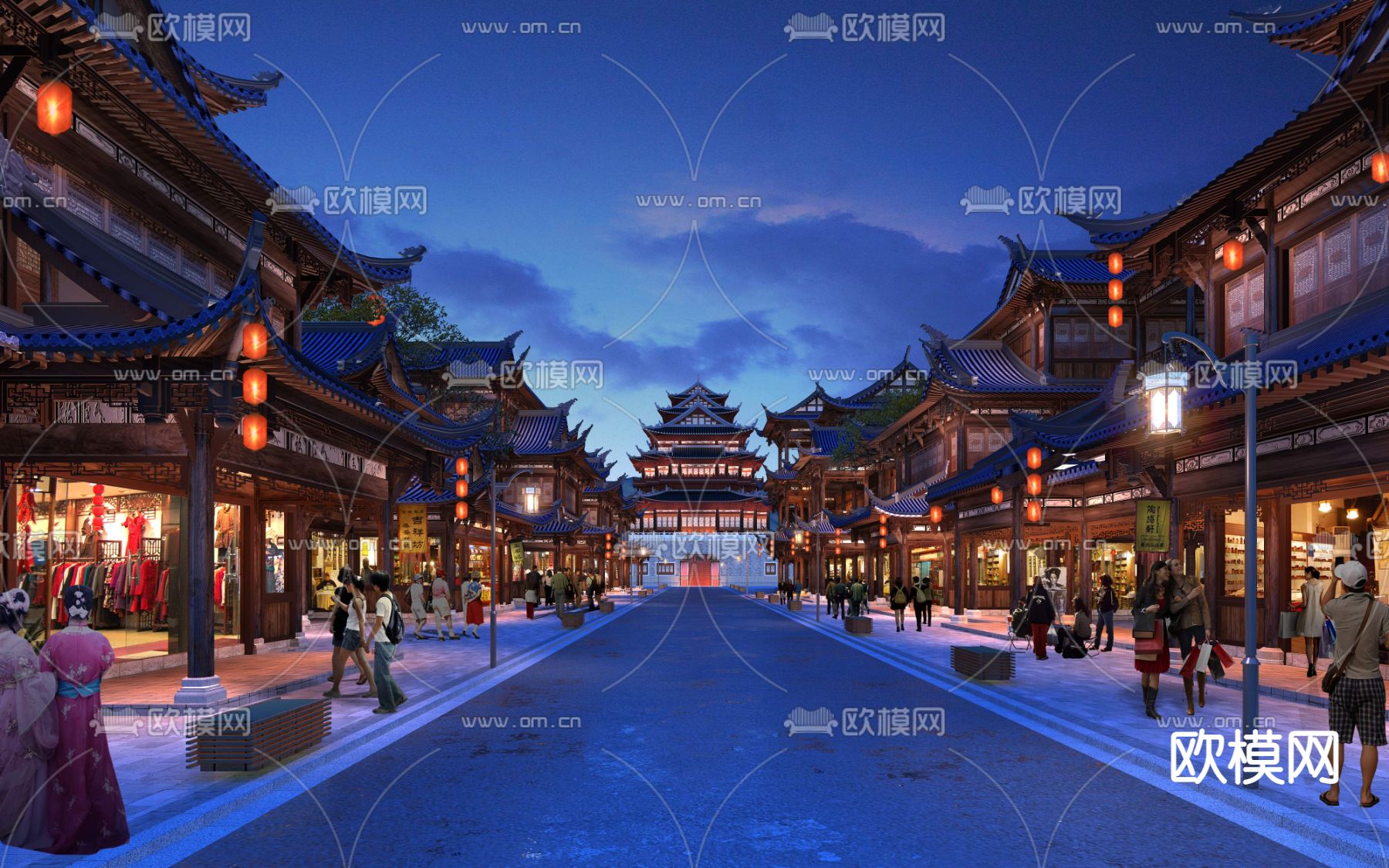 新中式古建商业街夜景景观psd下载