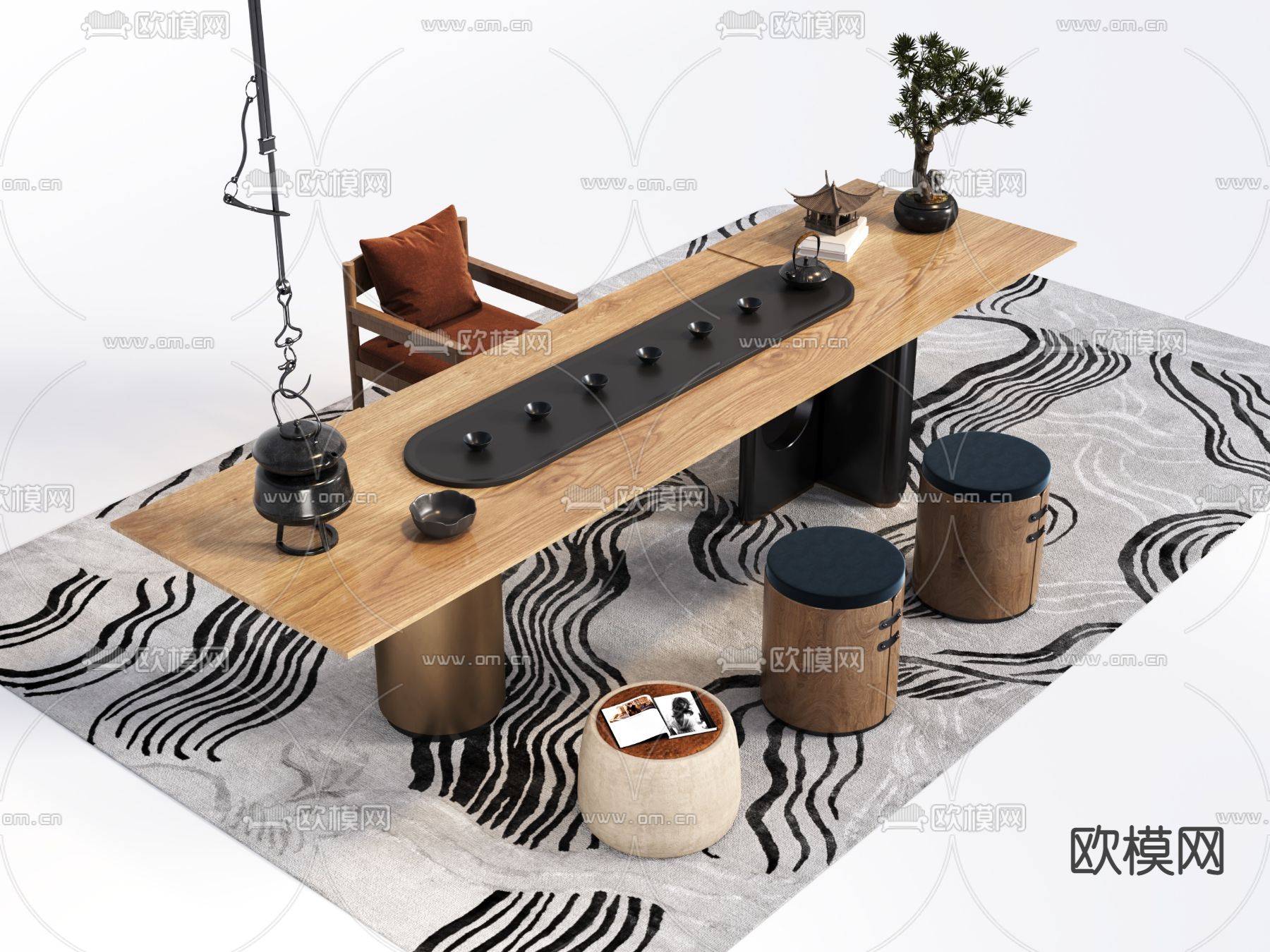 新中式实木茶桌椅3d模型下载（渲染图1）