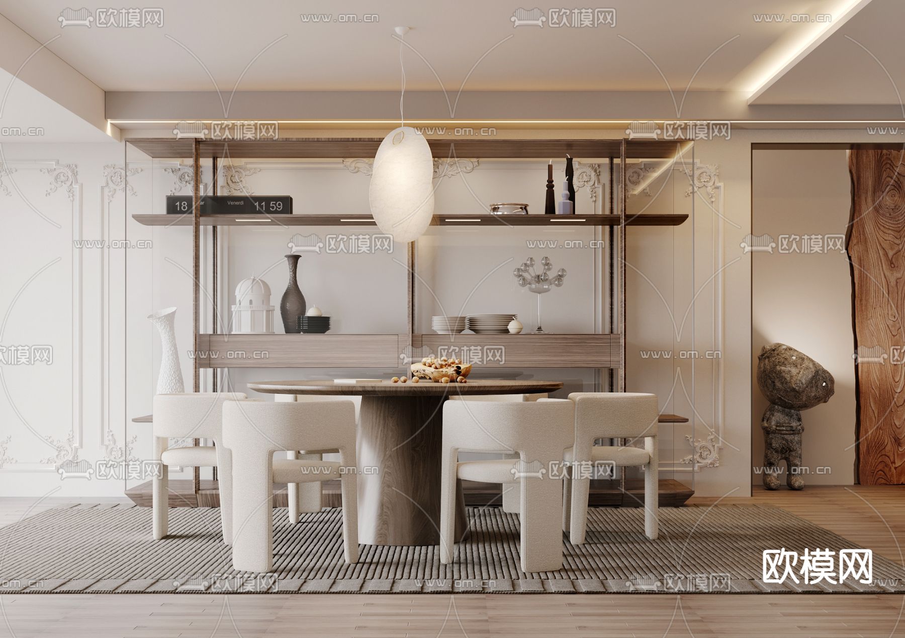 侘寂奶油风实木圆形餐桌椅3d模型下载