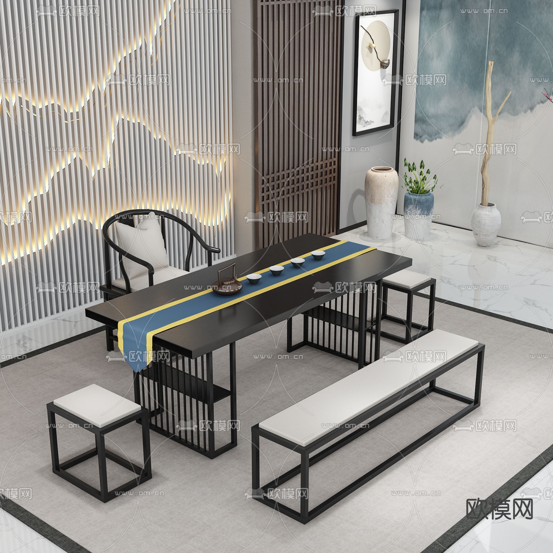 新中式实木茶桌椅3d模型下载