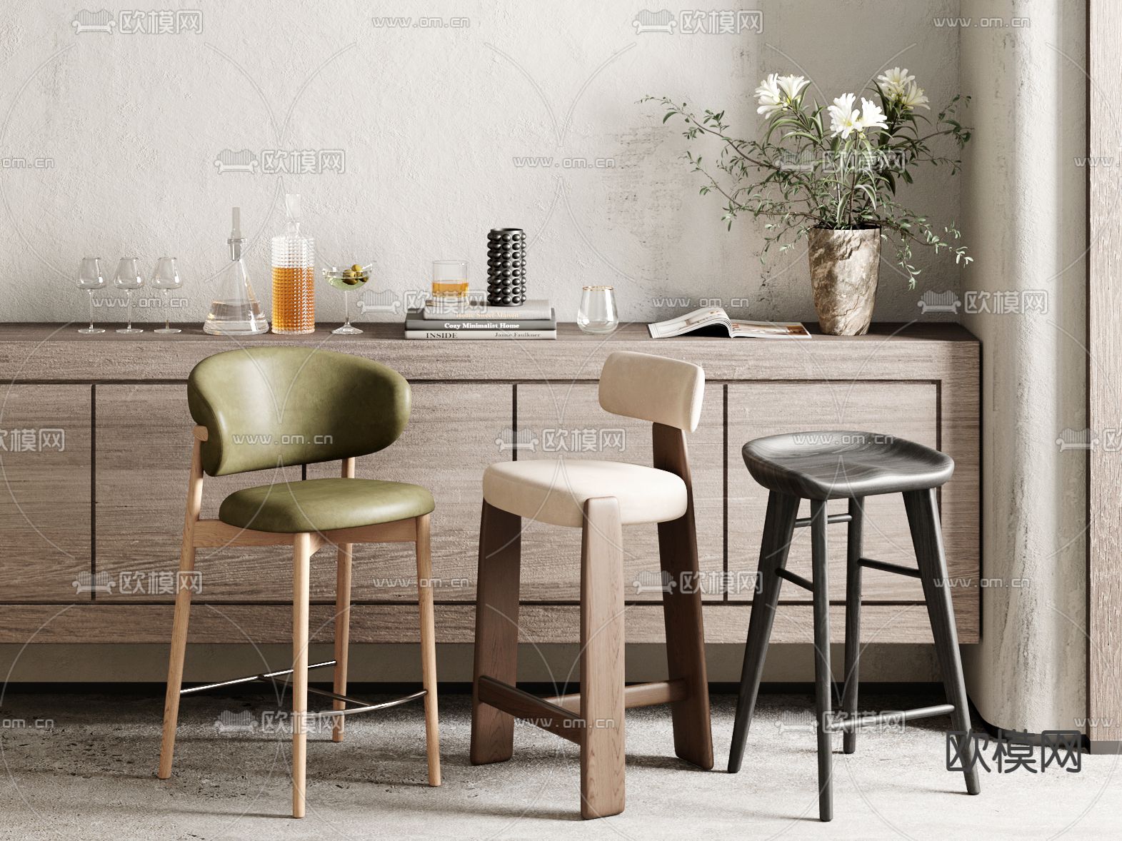 侘寂风绿色靠背吧台椅3d模型下载