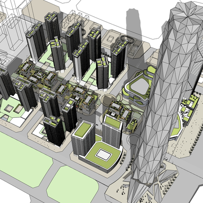  现代商业综合楼鸟瞰su模型 
