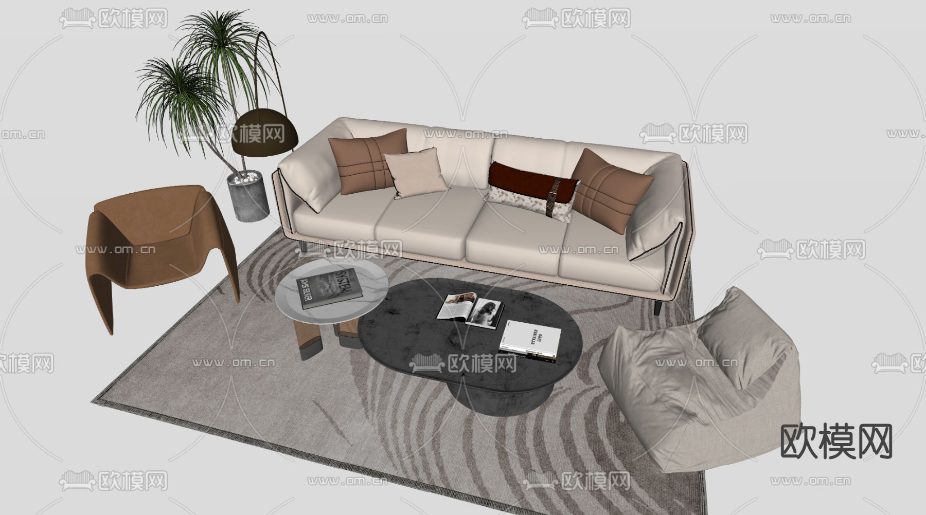 现代布艺组合沙发su模型下载（渲染图2）