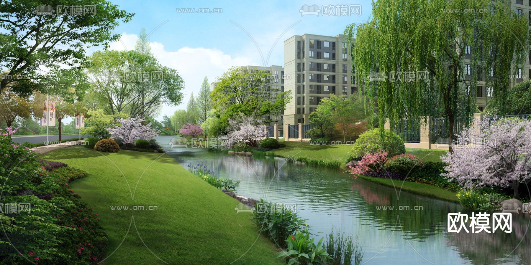 现代河道园林景观psd下载