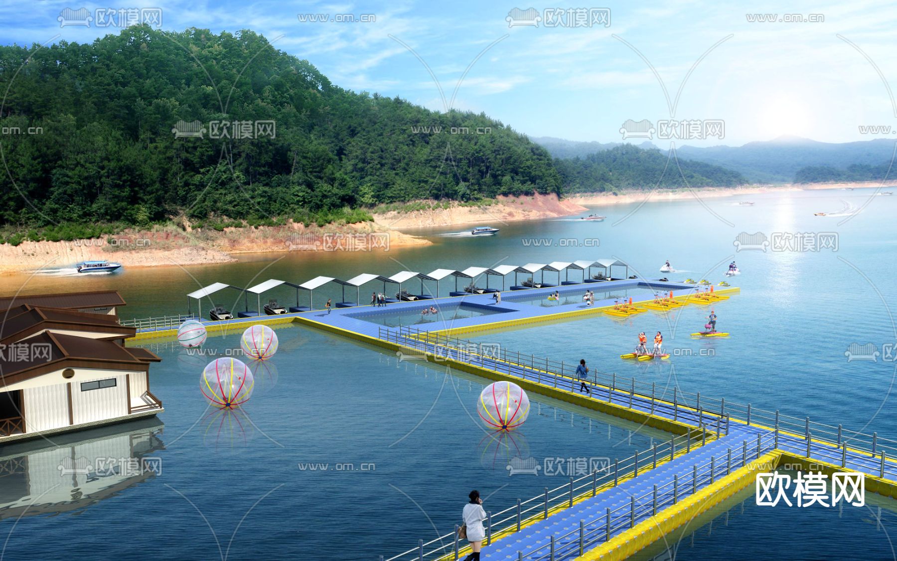 中式海上游玩设施景观psd下载