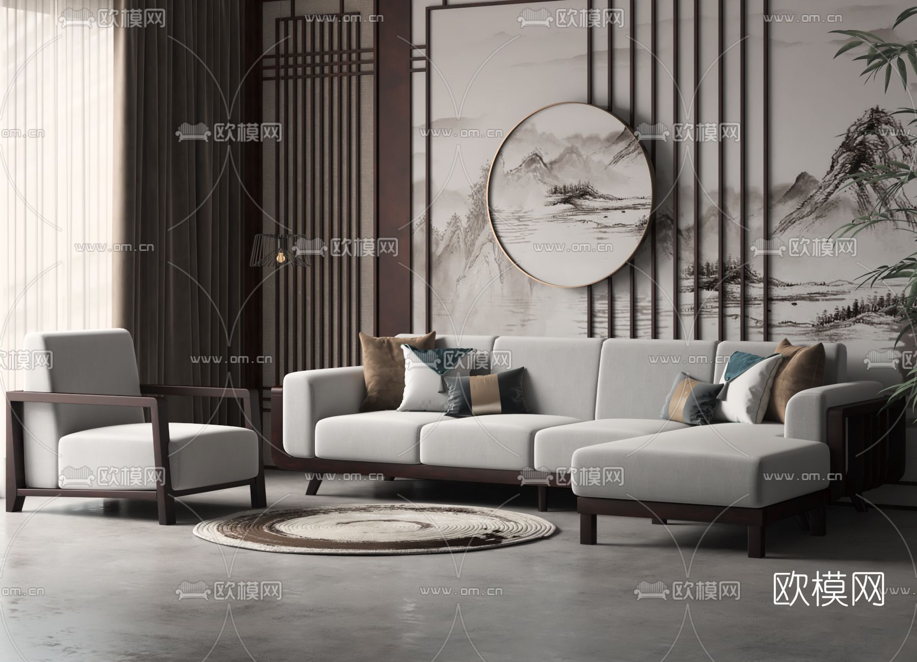 新中式灰色转角沙发3d模型下载