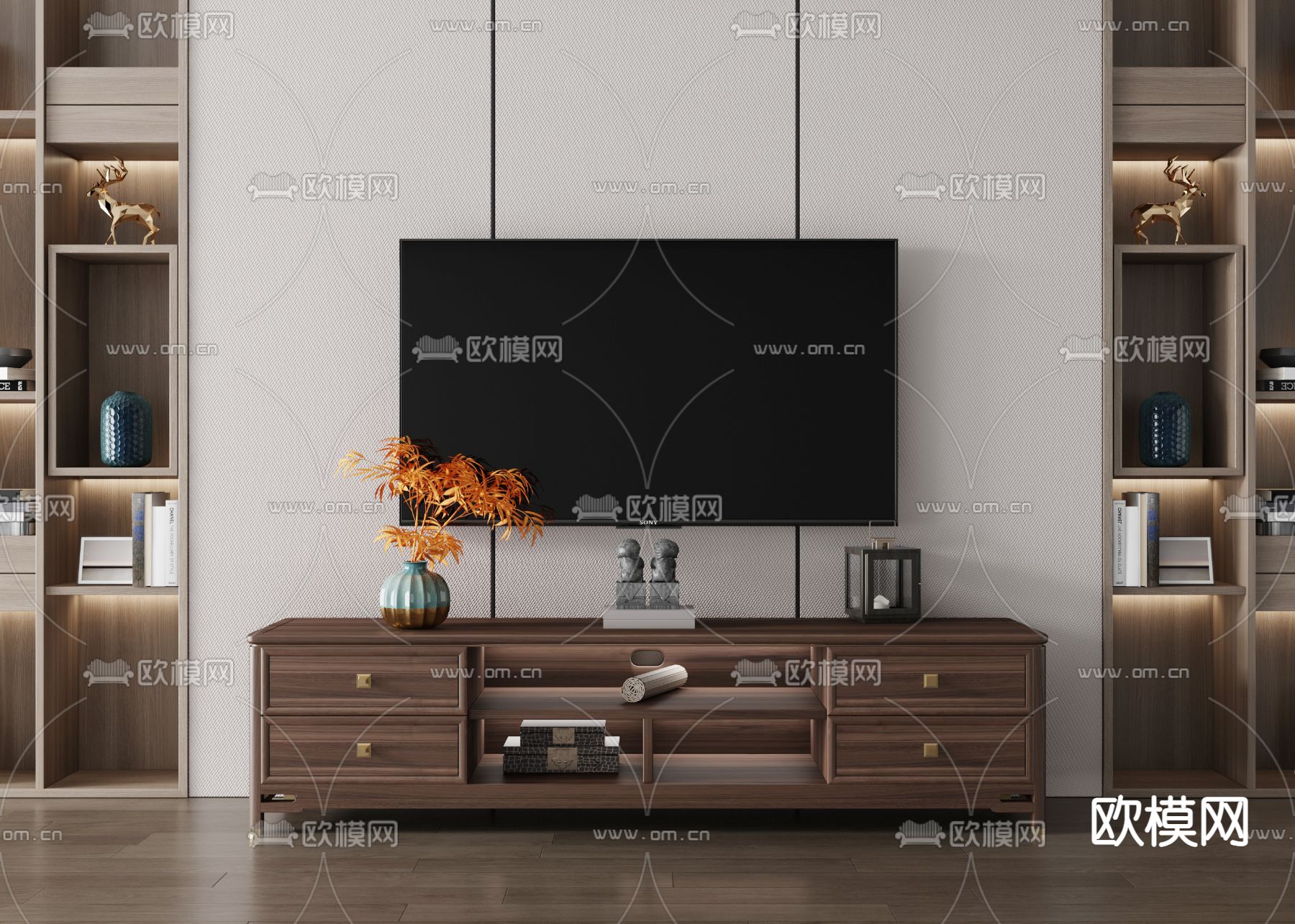 新中式实木电视柜3d模型下载_ID12048952_3dmax免费模型-欧模网