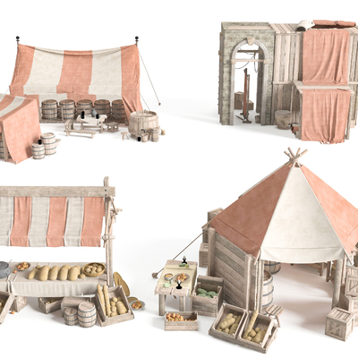  中式传统集市摊位su模型 