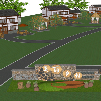  中式民俗乡村鸟瞰su模型 