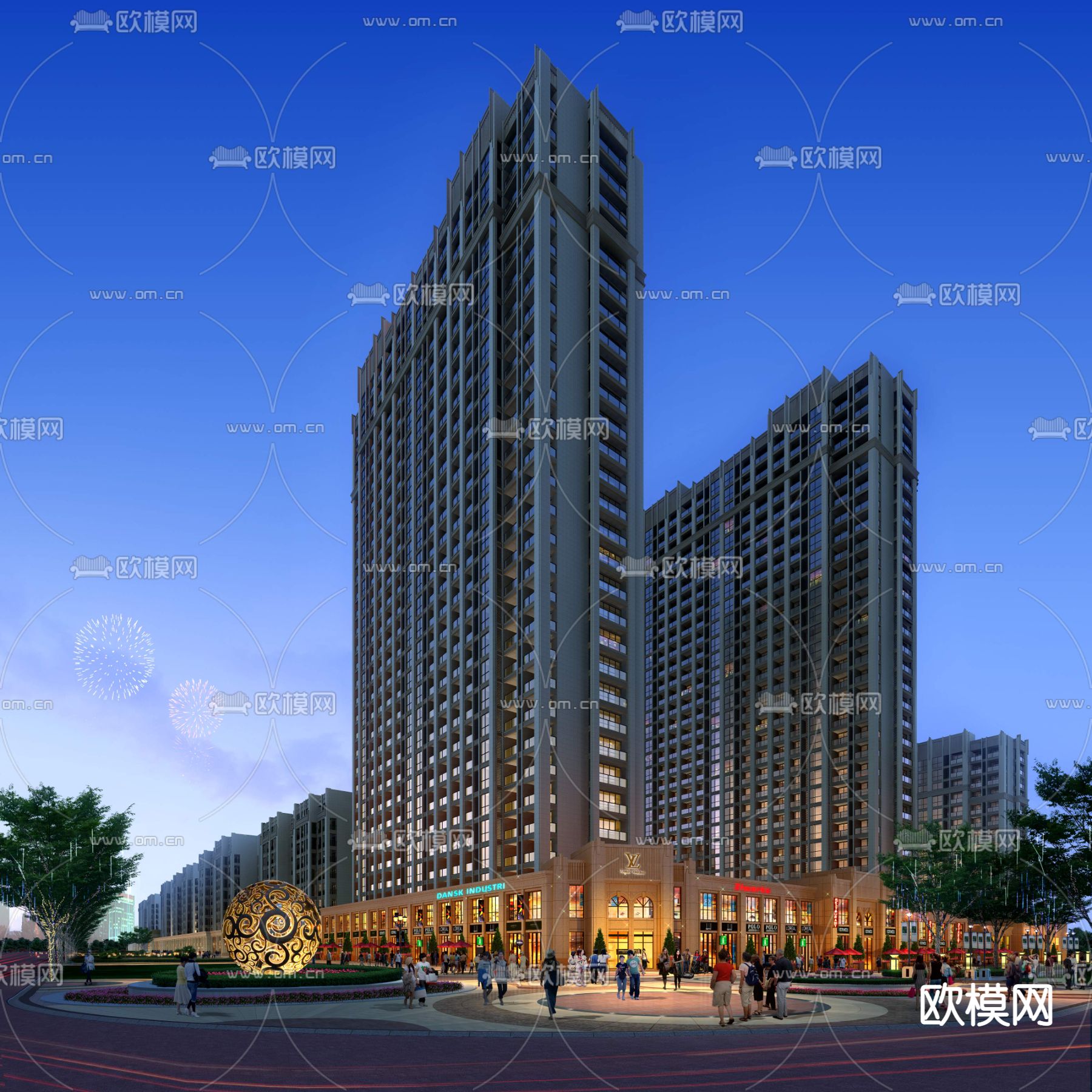现代商业楼建筑外观夜景景观psd下载_ID12049197_3dmax免费模型-欧模网