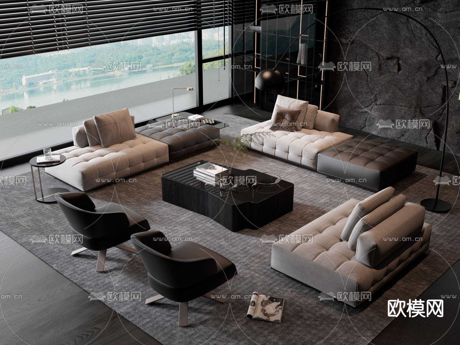 Minotti 现代皮革组合沙发su模型下载（渲染图1）