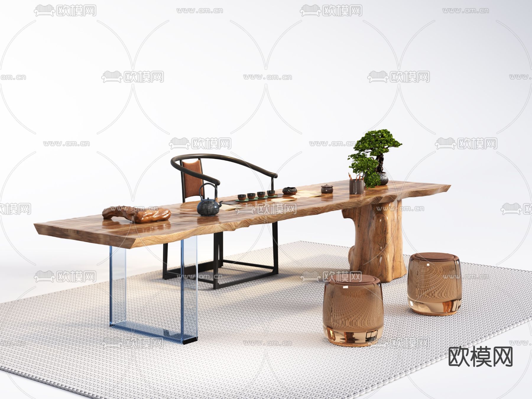 新中式实木茶桌椅3d模型下载（渲染图2）