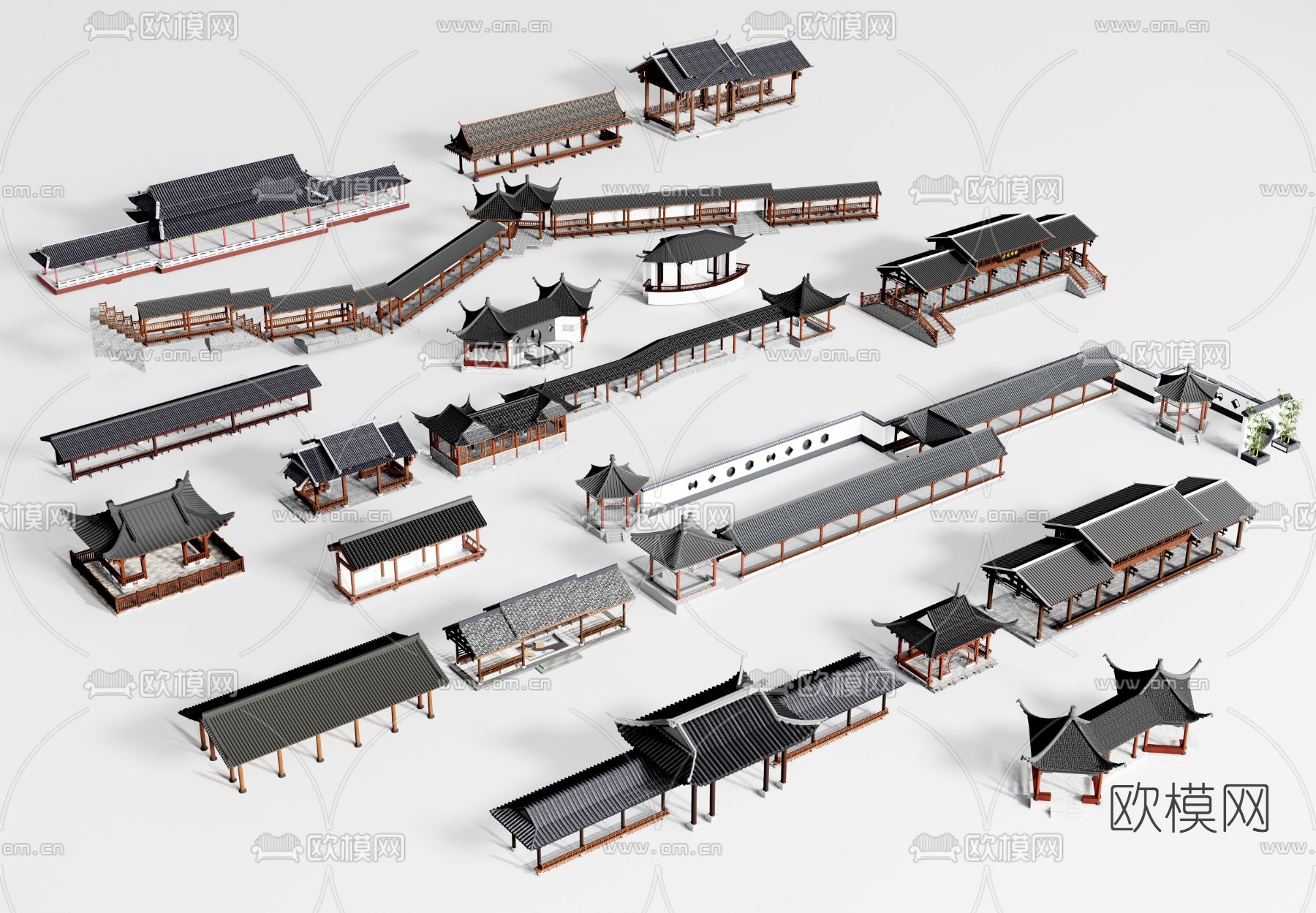 中式仿古长廊廊架连廊凉亭3d模型
