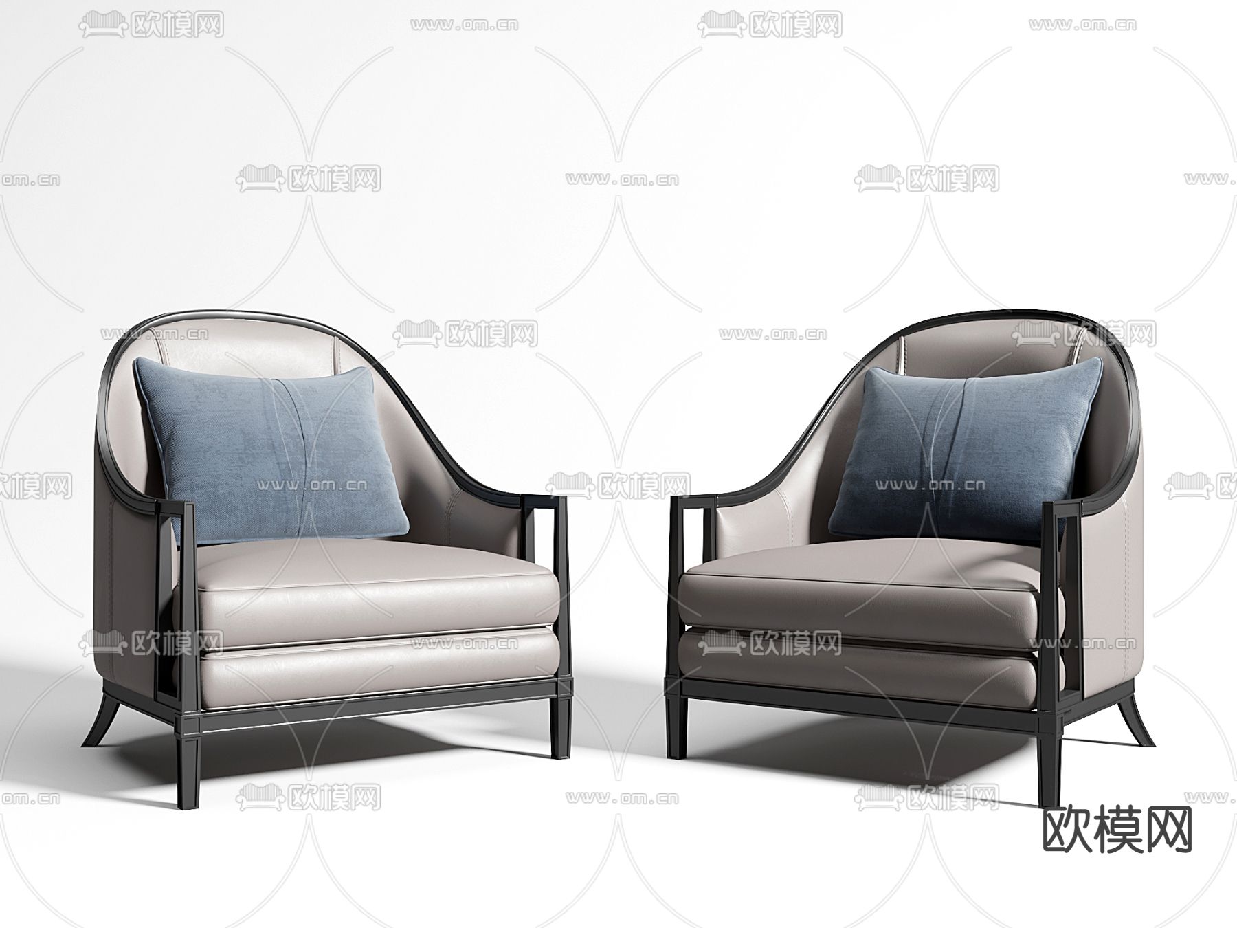 简欧浅灰色皮革休闲沙发3d模型下载