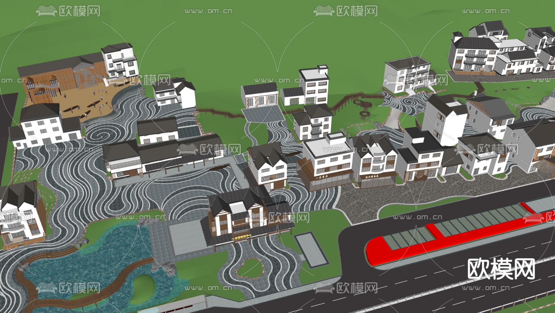 中式民俗乡村鸟瞰su模型下载