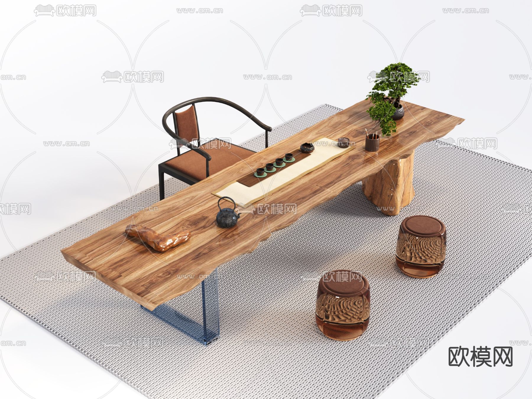 新中式实木茶桌椅3d模型下载（渲染图1）