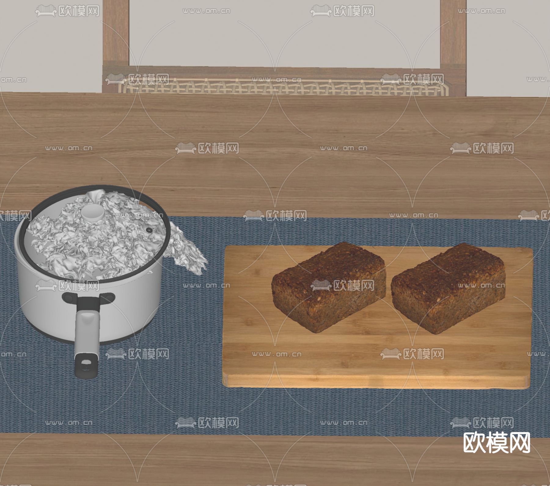 现代砧板面包厨具摆件su模型下载（渲染图2）
