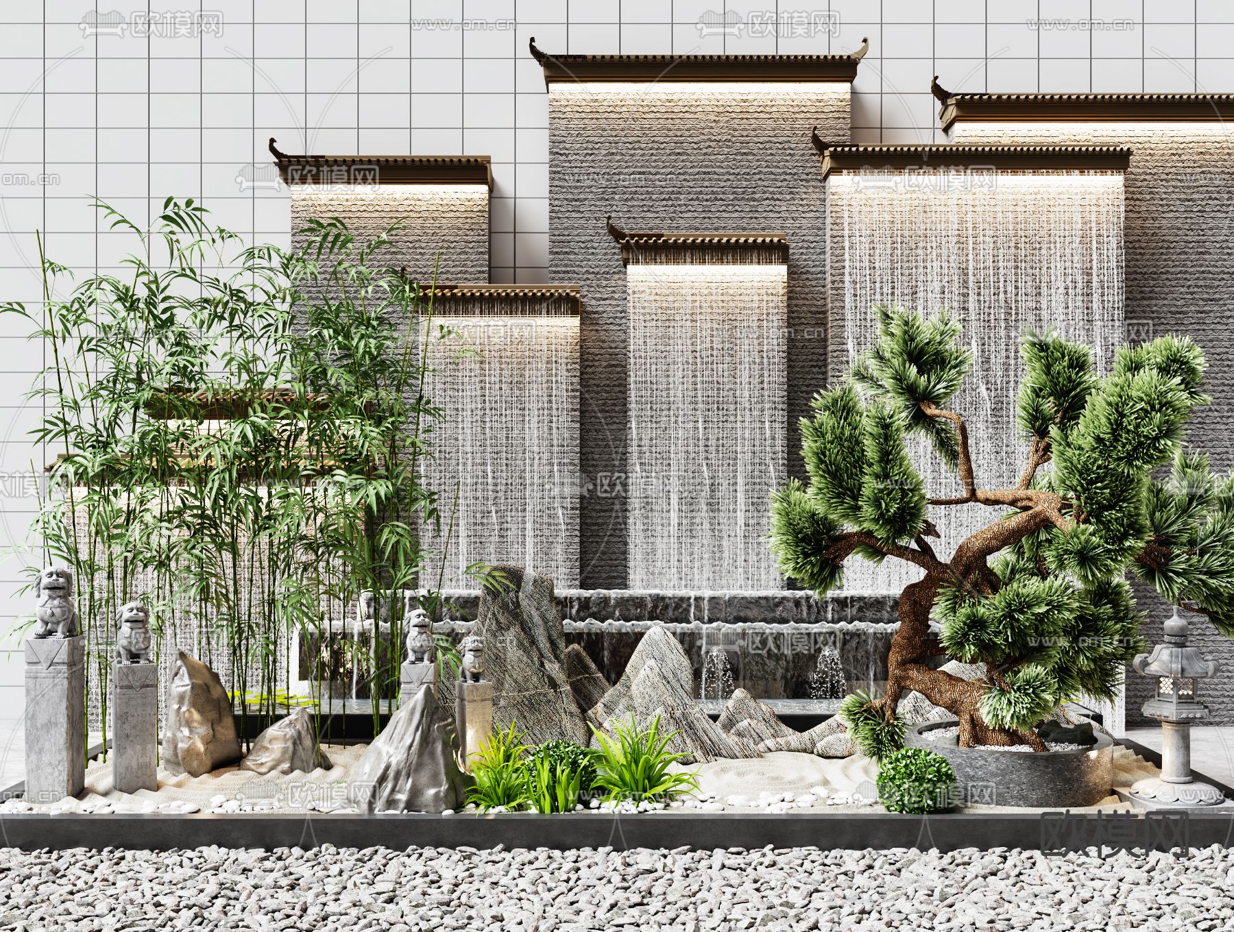 新中式假山水幕景观小品3d模型下载_ID12045402_3dmax免费模型-欧模网