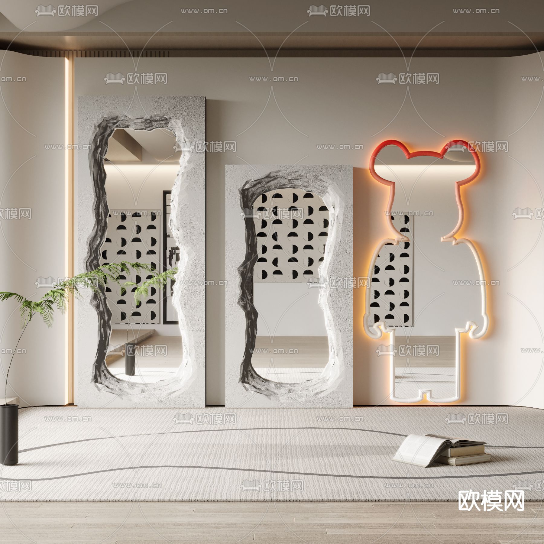 侘寂风落地全身镜子su模型下载（渲染图1）