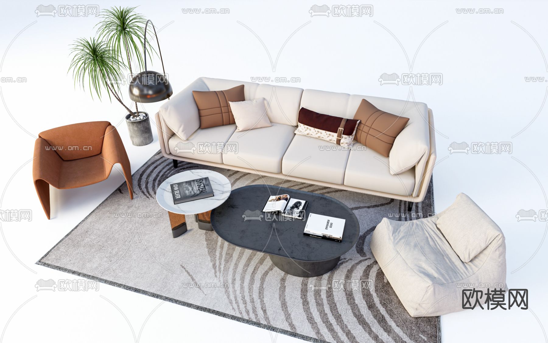 现代布艺组合沙发su模型下载（渲染图1）