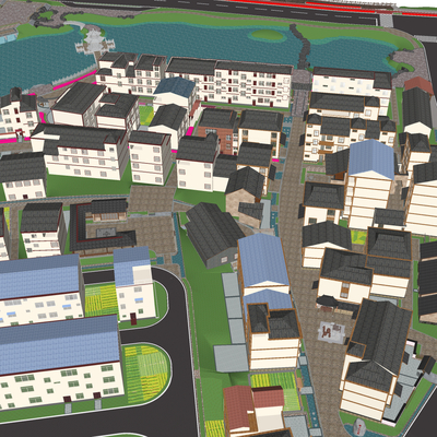  中式民俗乡村鸟瞰su模型 