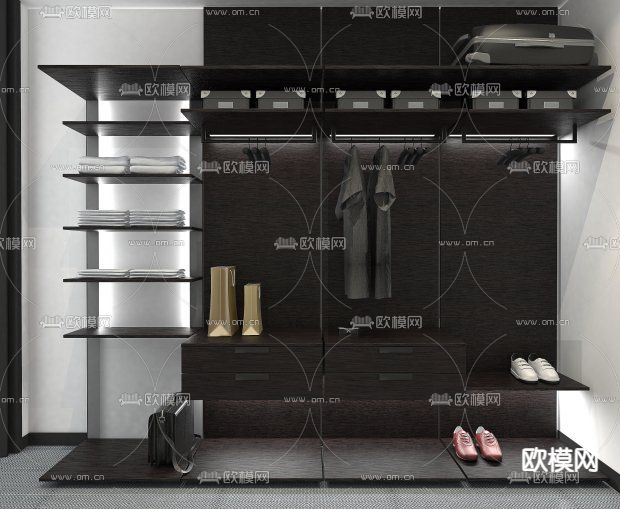 现代简约实木就开放式衣柜免费3d模型下载