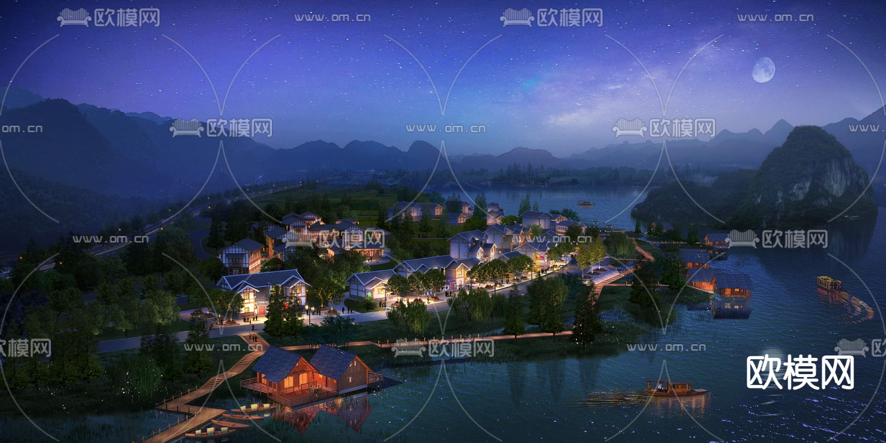 中式湖边住宅楼景观psd下载_ID12048459_3dmax免费模型-欧模网