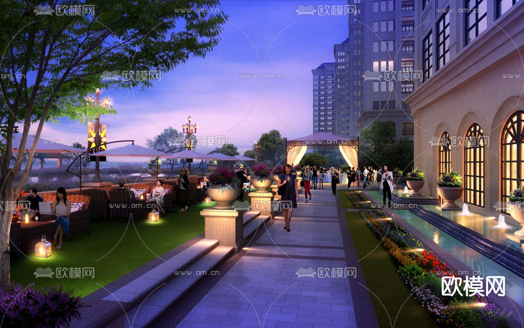 现代住宅庭院园林夜景景观psd下载