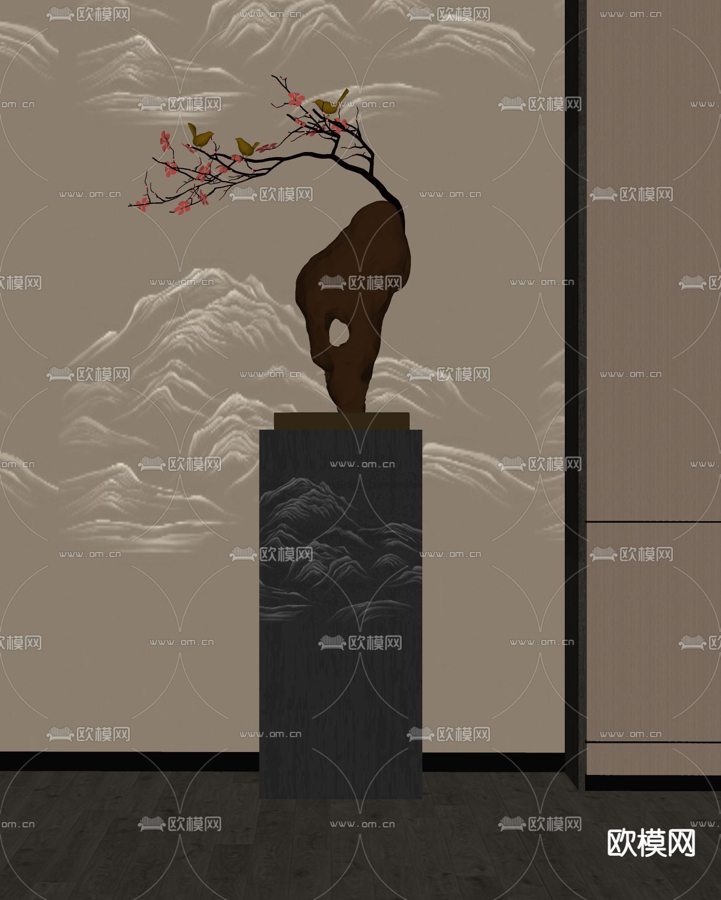 新中式石头雕塑摆件su模型下载（渲染图2）