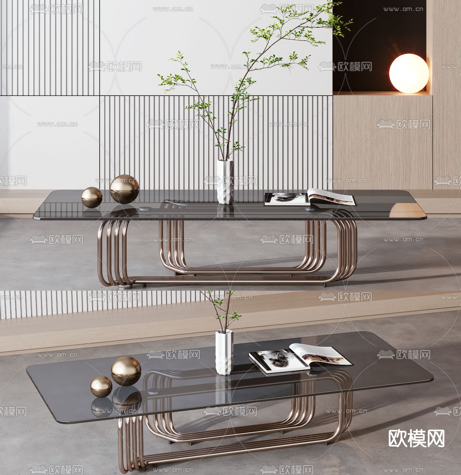 现代轻奢金属玻璃茶几3d模型下载（渲染图1）