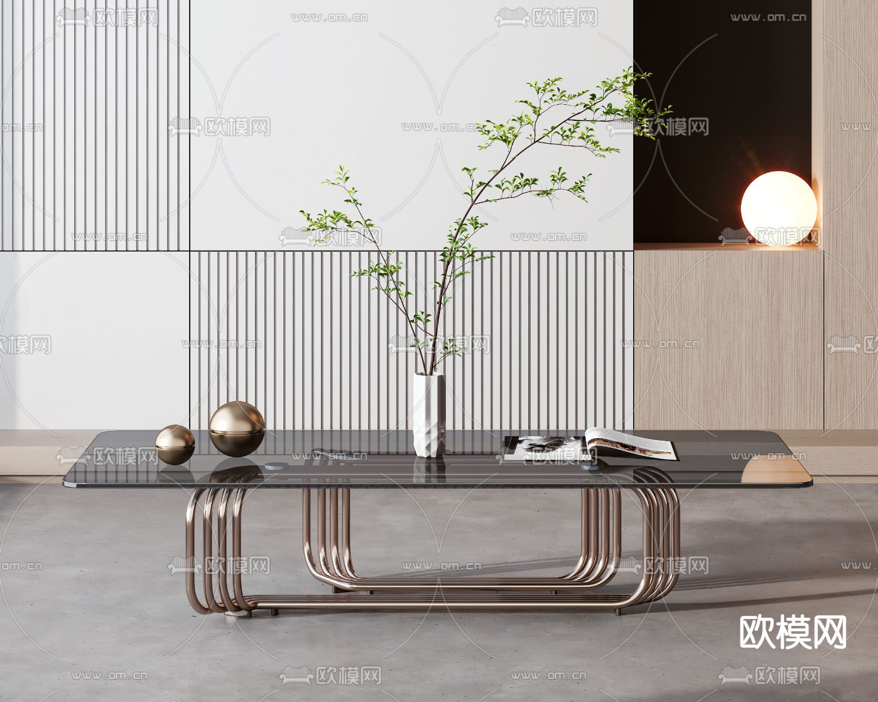 现代轻奢金属玻璃茶几3d模型下载（渲染图2）