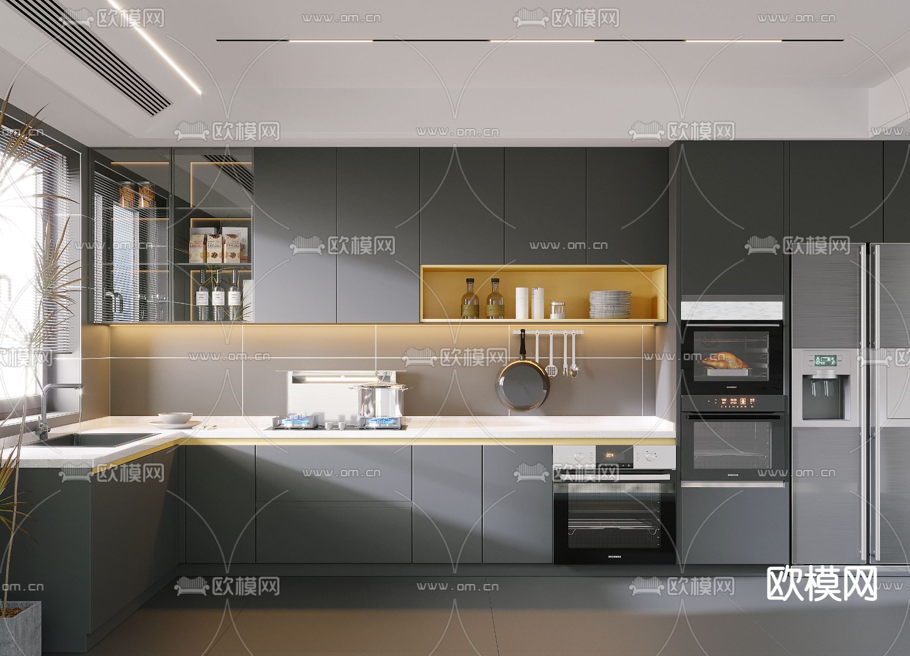 现代高级灰厨房橱柜3d模型下载