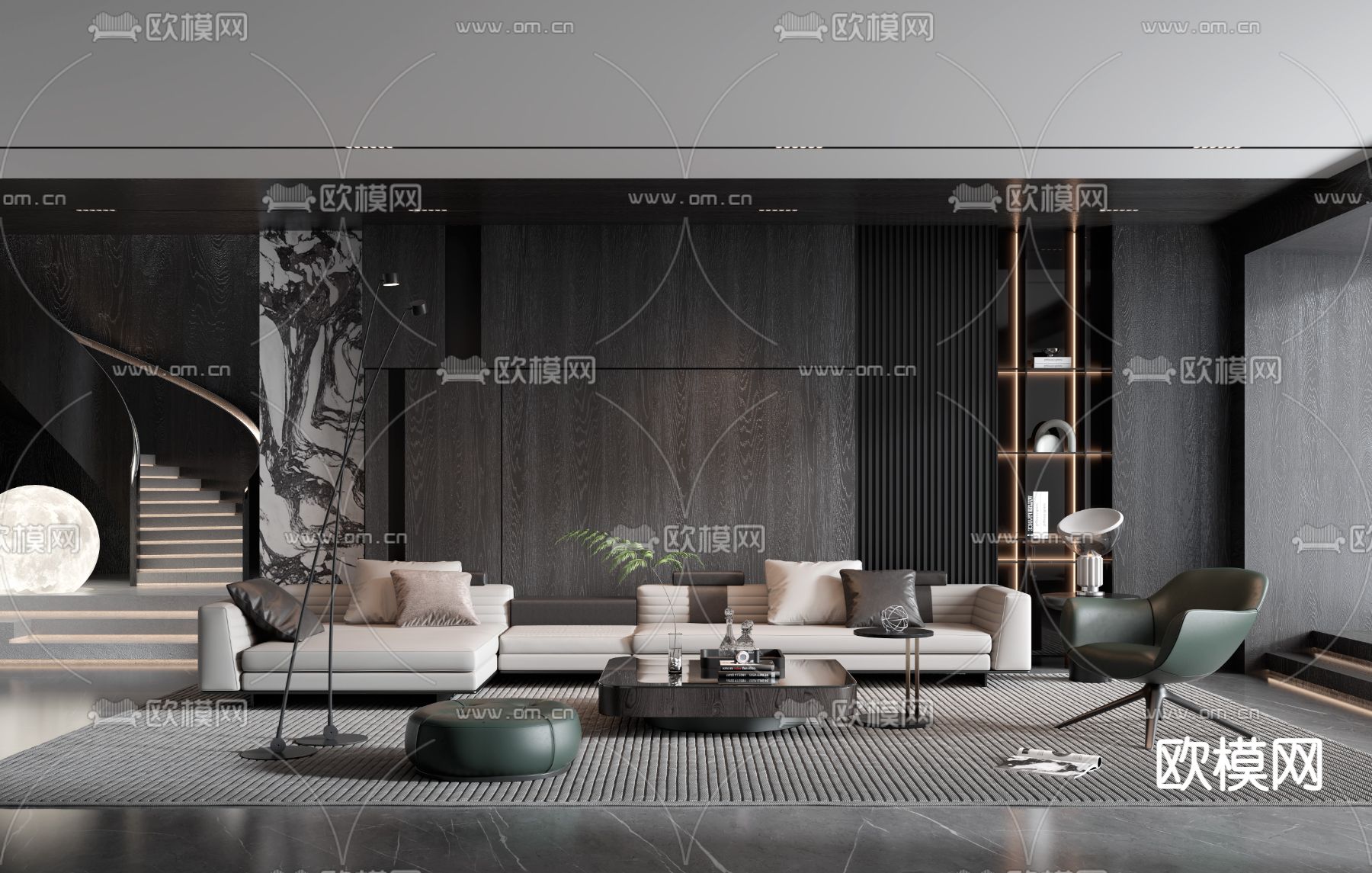 现代高级灰客厅3d模型下载（渲染图1）