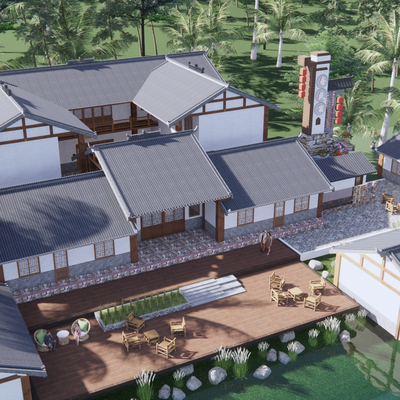  新中式四合院鸟瞰su模型 