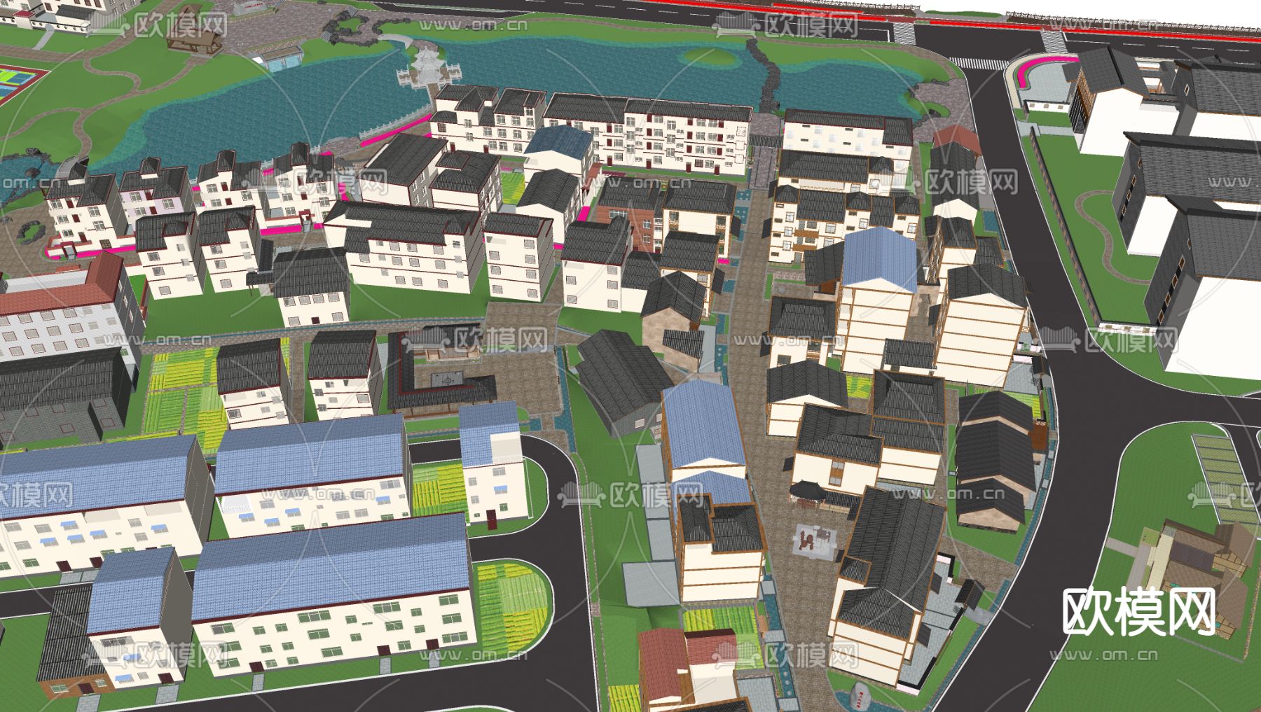 中式民俗乡村鸟瞰su模型下载