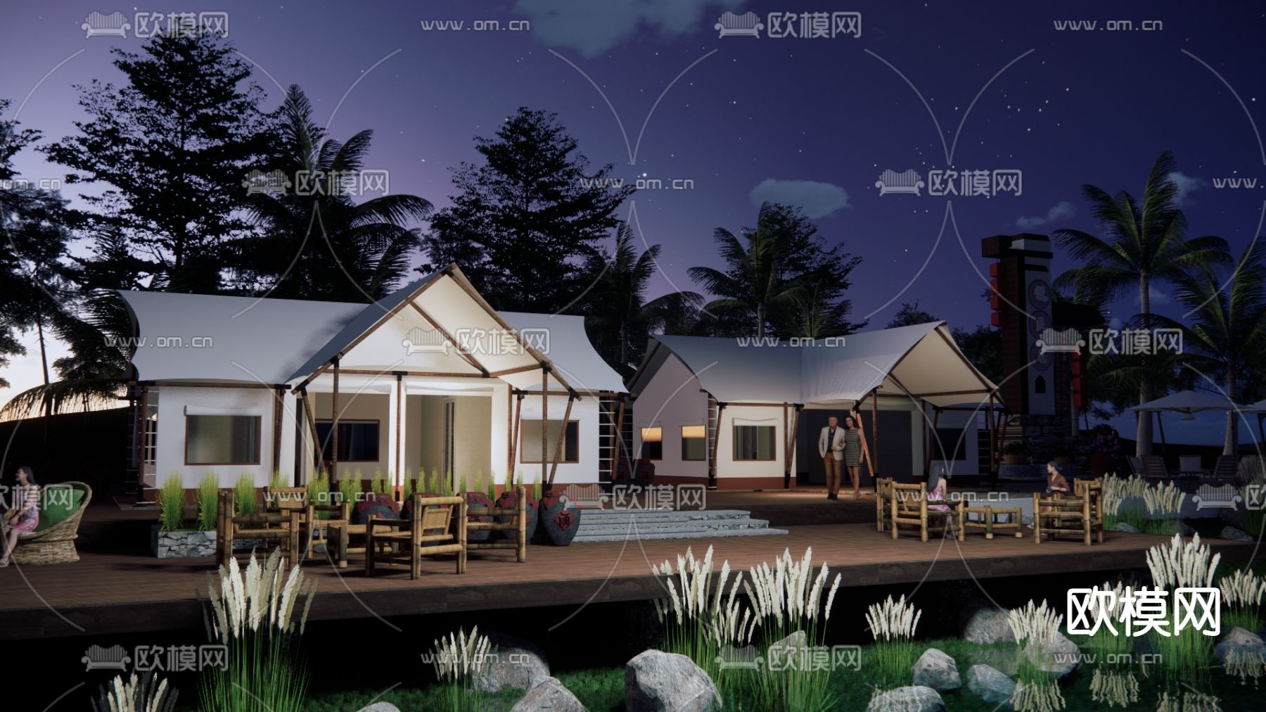 现代露营公园星空营地帐篷su模型下载（渲染图1）