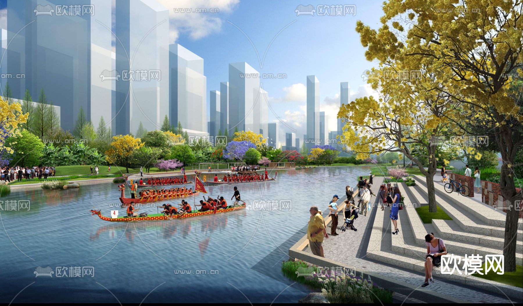 现代河道划龙舟园林景观psd下载