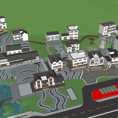  中式民俗乡村鸟瞰su模型 